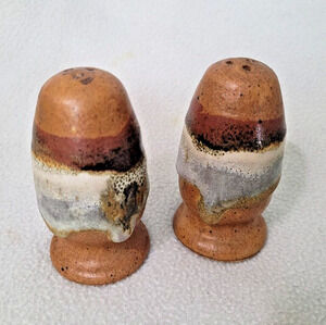 Vtg Set Brown Drip Glaze Heavy Pottery Salt Pepper Shakers Brown Horizon
